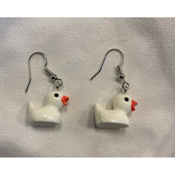 Earrings Baby Duck White Whimsical Dangle Quack Duckling Playful Fun Bird - Picture 4 of 8